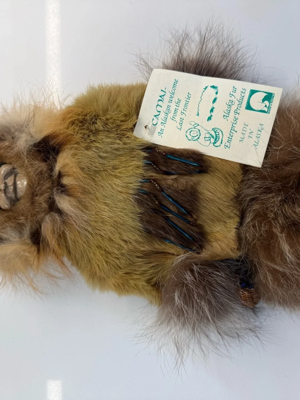 Camai Vintage, Alaska Doll Fur Eskimo Doll with Wooden Face - Green/Brown